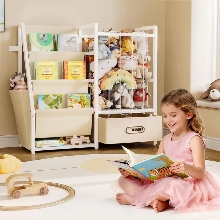 Yorbay Spielzeugtruhe 2 in 1 Bücherregal Kinderregal, Kinderzimmerregal mit Aufbewahrungsbox & Taschen, 84x30x76cm – Bild 2