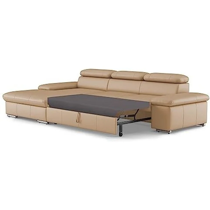 CAVADORE Echtleder-Schlafcouch Valerie mit XL-Longchair / Ecksofa mit Bettfunktion, Kopfteilverstellung + großem Longchair / 286 x 73 x 174 / Leder Beige – Bild 4