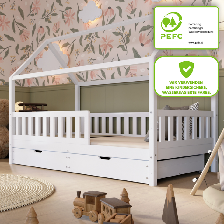 Crazy Pine 'Crazy Blanco' Hausbett mit Rausfallschutz, Skandinavisches Design, Naturholz, Weiß, 80x160 cm, mit Schubladen – Bild 3