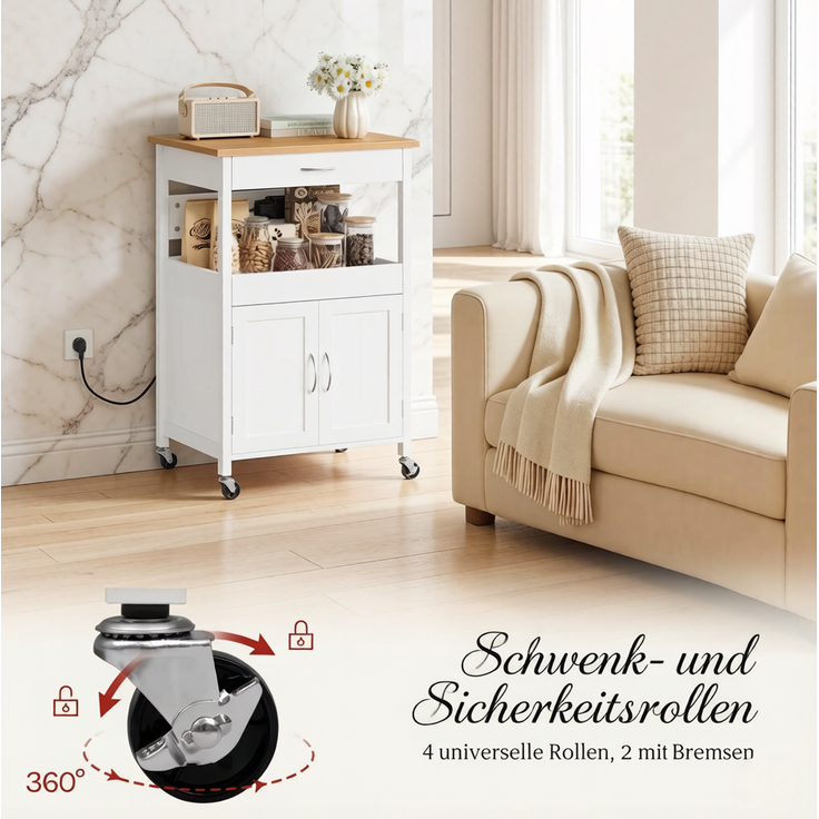 Küchenwagen aus MDF mit Steckdosen, Stauraum und Rollen, 60x45x92 cm, Weiß – Bild 6