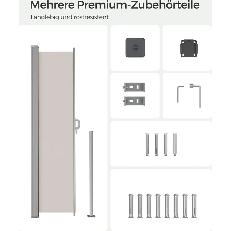 Songmics Seitenmarkise mit Stahl-Kasten, rostbeständig, ausziehbar, 200x350 cm, Sichtschutz, Sonnenschutz, Blickdicht, Seitenrollo, für Balkon, Terrasse, Garten, beige GSA205E02 – Bild 7