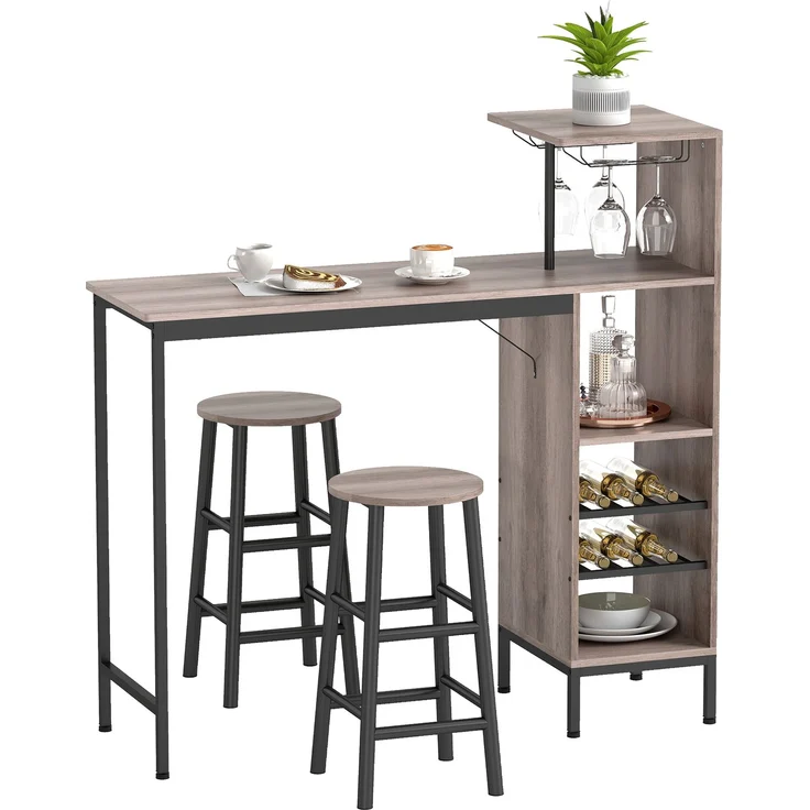 MELAYR, 3-tlg. Bartisch-Set mit Stauraum, Weinregalen, Glashaltern, Hockern mit Fußstütze, 121.5 x 40 x 122 cm, Grau – Bild 2
