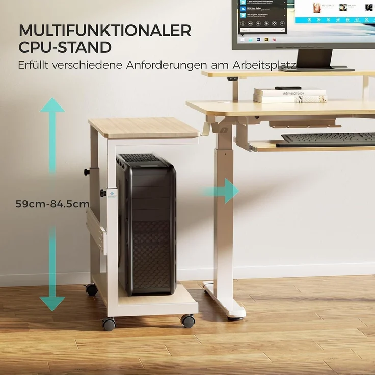 Höhenverstellbarer PC Tower Ständer mit Rollen und Maus Pad, Ahornfarbe – Bild 2