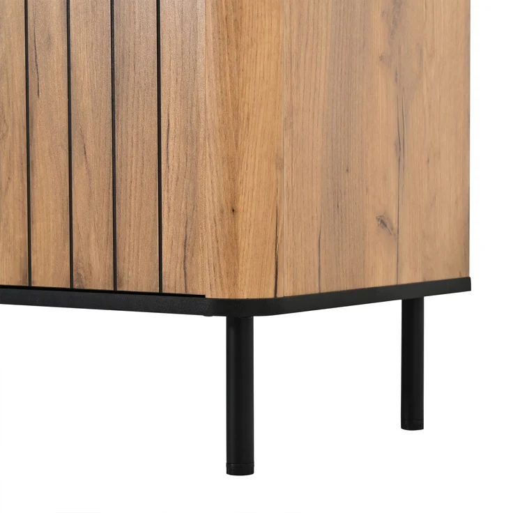 Merax 160cm Sideboard, Fernsehschrank mit 3 Auszugschubladen & 3 Lamellentüren, 6 Metallfüße, abgerundete Kanten, Eichenfarbe – Bild 8