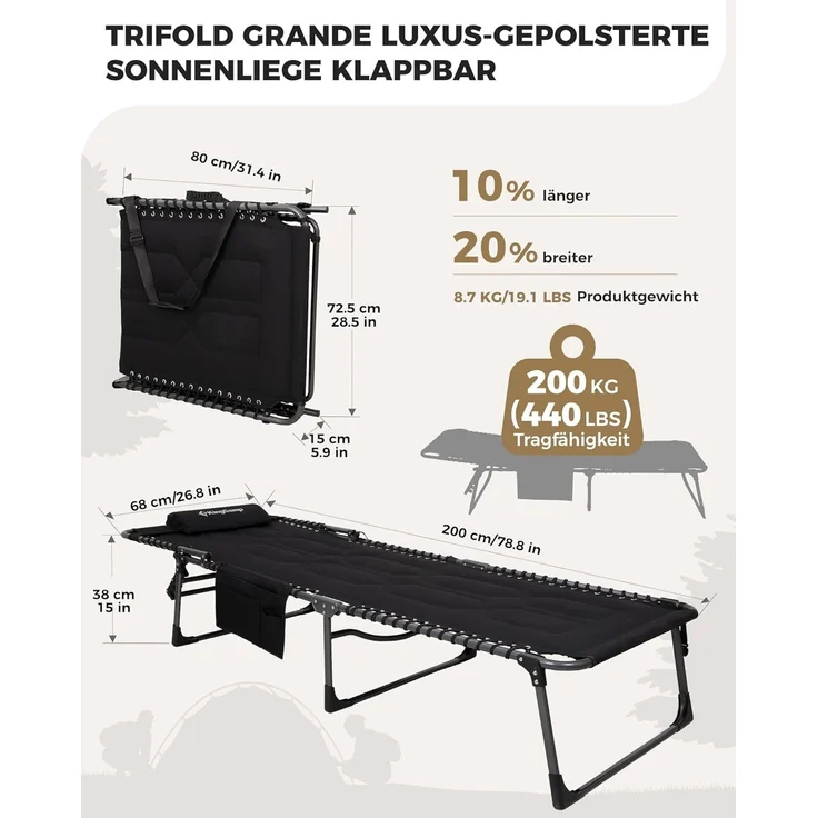 KingCamp Übergroße Sonnenliege Klappbar 5-Fach Verstellbar Gartenliege Liegestuhl Dreibeinliege Liege Campingliege mit Kopfkissen und Seitentasche bis 150 kg für Garten Urlaub Strand Pool 200x68 cm – Bild 3