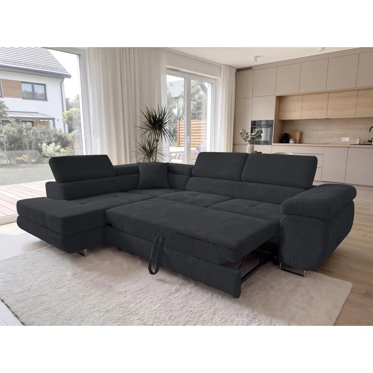 AX LIVING Konak Cord-Schlafsofa L Schwarz 276 cm breit mit Bettkasten, Kopfstützen – Bild 2