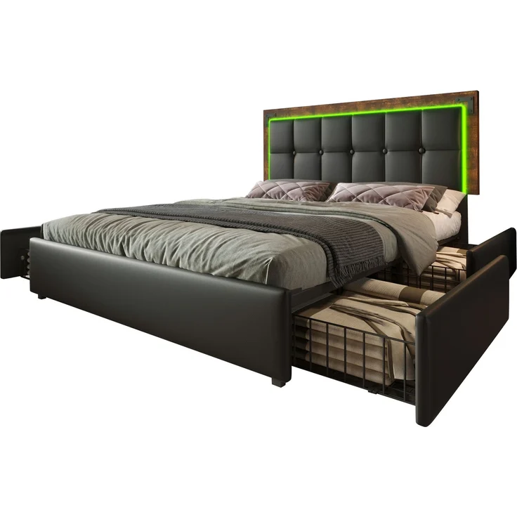 Einzelbett 160x200 cm mit LED-Beleuchtung, 4 Schubladen, höhenverstellbares Kopfteil, Luxus-Kunstleder Schwarz – Bild 9