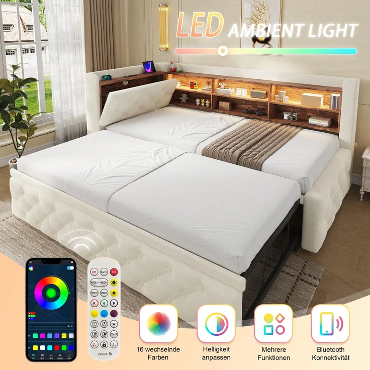EINHOM 90 x 190 cm Schlafsofa Bettgestell Ausziehbar, Samt, Sofa mit Stauraum-Armlehne, Holz-Kopfteil Ablage, LED Licht, USB & Typ-C, Lattenrost, für Wohnzimmer & Gästezimmer, Beige (Ohne Matratze) – Bild 4