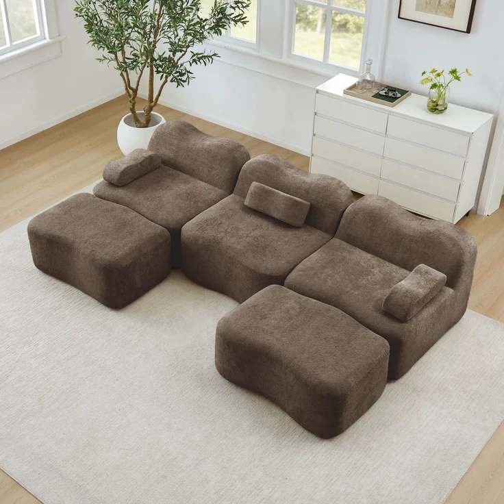 EINHOM 3-Sitzer U-förmiges Modulares Boneless Sofa mit 2 Ottomans, 32D Hochdichtschaum, Wellenform, tiefe Sitzfläche, bewegliches Armlehnenkissen, für Wohnzimmer, Braun – Bild 5