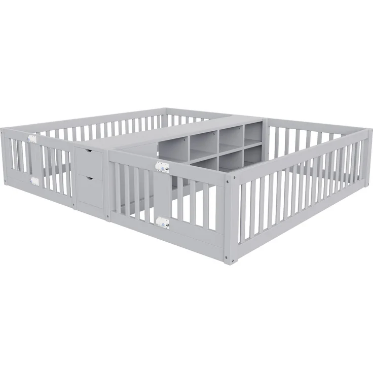 EINHOM Holzbett 90 x 200 cm, mit Schublade und Doppelstöckigem Regal, Kinder-Doppelbettgestell mit Sicherheitsgitter, Hohe Gitter, Holz, Grau, (Ohne Matratze) – Bild 6