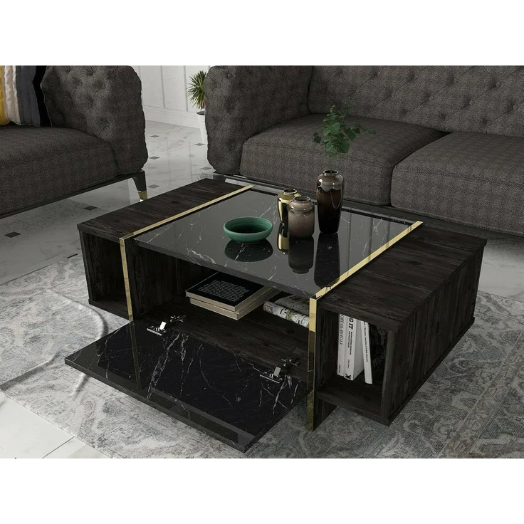 Dmora - Couchtisch Miram, Couchtisch, Zeitschriftenständer für Sofa, Ablage für Wohnzimmer, 104 x 60 x 37 cm, Schwarz und Gold – Bild 4