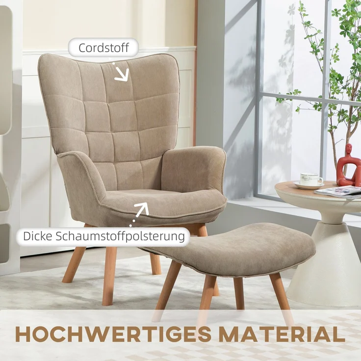 Akzentsessel mit Hocker, Relaxsessel in Cord-Optik, Armlehnstuhl mit Holzbeinen, für Wohnzimmer, Hellbraun--Khaki--80x72x101cm--YOUDENOVA – Bild 6