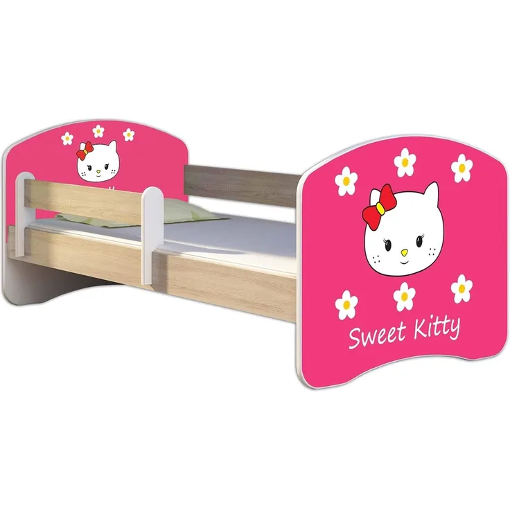 Kinderbett Jugendbett mit einer Schublade und Matratze Sonoma mit Rausfallschutz Lattenrost ACMA II 140x70 160x80 180x80 (16 Sweet Kitty 2, 160x80)