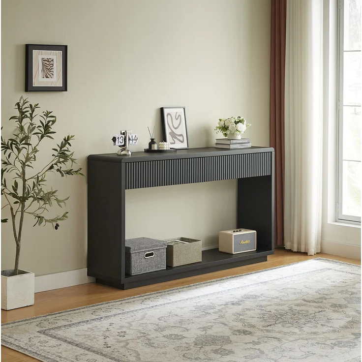 DESVIAE Sideboard Schwarz aus Spanplatte/MDF – 150x85x35 cm – 2 Schubladen, offenes Fach – Bild 3