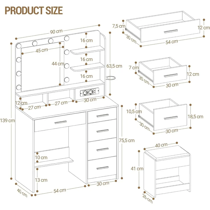 Schminktisch mit 10 LED-Beleuchtung, Hocker, Frisiertisch mit Große Spiegel, Schminktische mit Stecker, Und Haartrocknerhalter, Und Mehreren Schubladen, Weiß, 40 x 90 x 139 cm – Bild 8