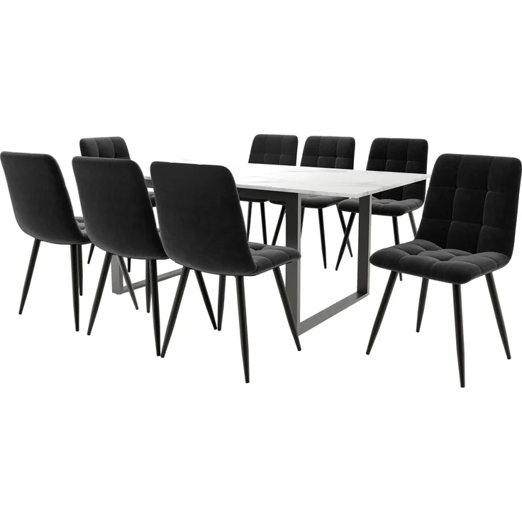 Essgruppe 8-tlg, ausziehbarer Tisch 140-180x80 cm weiß/schwarz, 8 Samtstühle schwarz – Bild 3