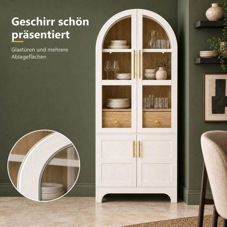 Highboard mit verstellbaren Regalböden und Schublade, Küchenschrank mit Riffelglas und großem Stauraum, Ideal für Esszimmer, Wohnzimmer und Küche (Weiß)--Weiß--76x40x180cm--YOUDENOVA – Bild 6