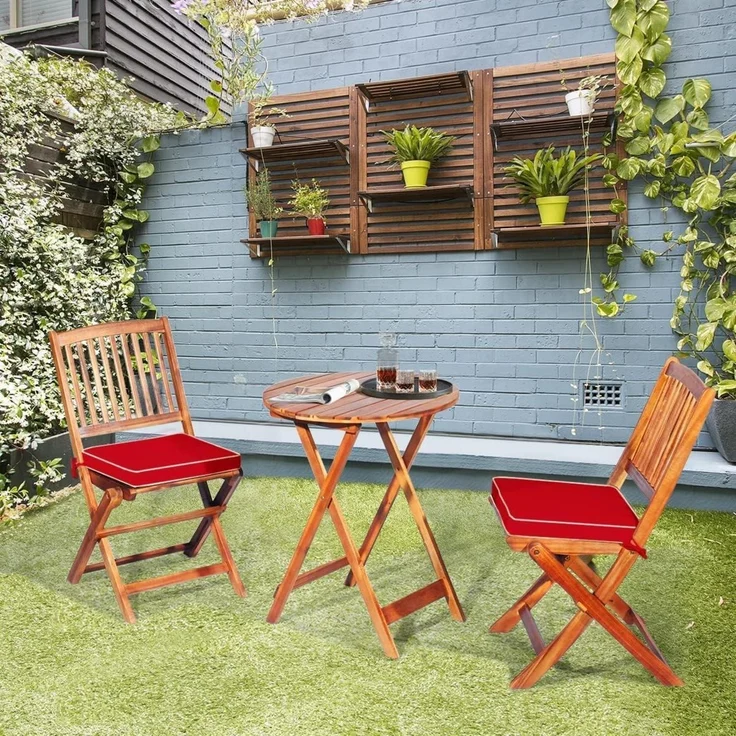 3tlg. Gartenmöbel Set Akazienholz klappbar Rundtisch 2 Stühle Kissen Rot – Bild 8