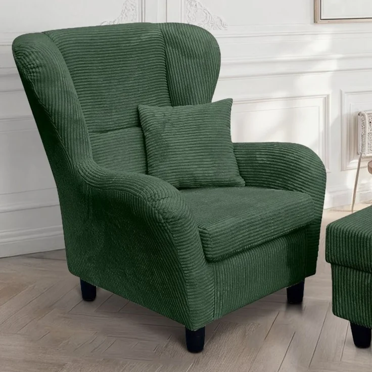 Ohrensessel mit Hocker Landhausstil Polster-TV-Lesesessel Cordstoff Grün – Bild 3