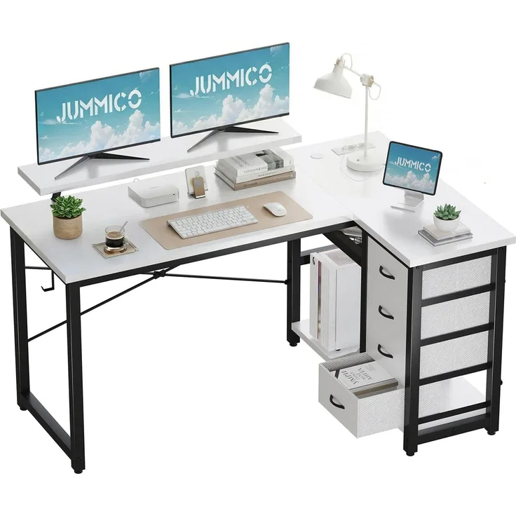 JUMMICO Schreibtisch L Form mit 4 Stoff Schubladen, Umkehrbarer Eckschreibtisch mit 2 Steckdosen& 2 USB-Anschlüssen, Computertisch L Form für Homeoffice Gaming, Weiß, 140X80cm