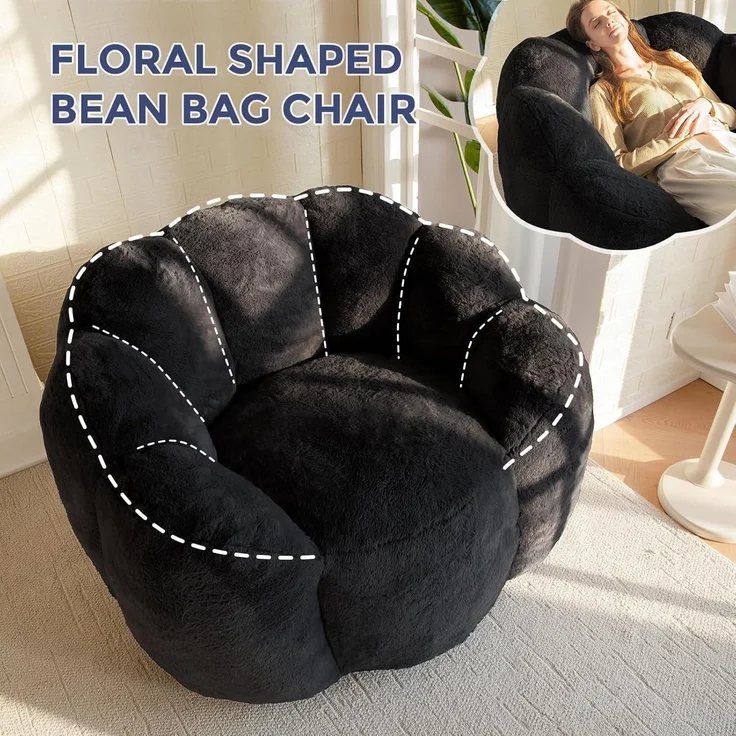 Sitzsack Erwachsene Beanbag Memoryfoam Kunstfell Schwarz 105*105*78 – Bild 8