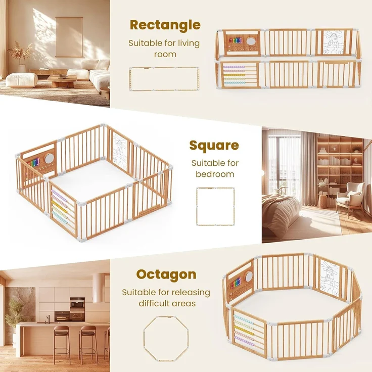Laufstall Baby Holz mit Spielcenter–160 x 160 x 61 cm Verstellbare Größe & Form Laufgitter, Faltbarer Laufstall aus Holz, Spielzaun mit Tor für Babys und Kleinkinder – Bild 5