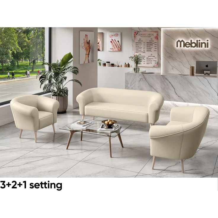 MEBLINI Sofa-Set EMILIA 3+2+1 - Creme Kunstleder - für Wohnzimmer - Mini Lounge für sechs Personen - Küchensofa - Sofa Klein - Sitzgarnitur - Polstergarnitur - Sofagarnituren – Bild 2