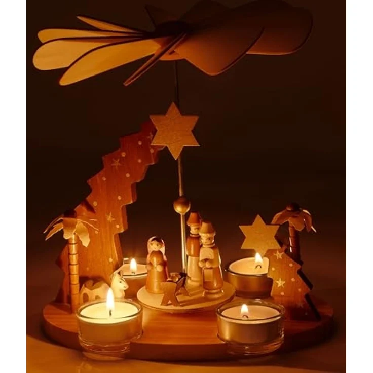 BRUBAKER Weihnachtspyramide Teelichtpyramide aus Holz - Stern von Betlehem, Jesus, Maria und Josef, 22 cm drehbare Tischpyramide für 4 Pyramiden-Teelichter - Weihnachten – Bild 3