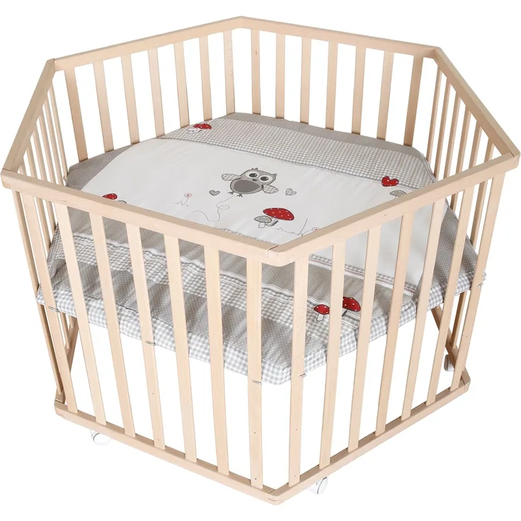 roba Laufgitter 'Adam & Eule' - Laufstall 6-eckig / hexagonal - Sicheres Spielgitter inkl. Schutzeinlage - Mobil dank Rollen - Holz natur