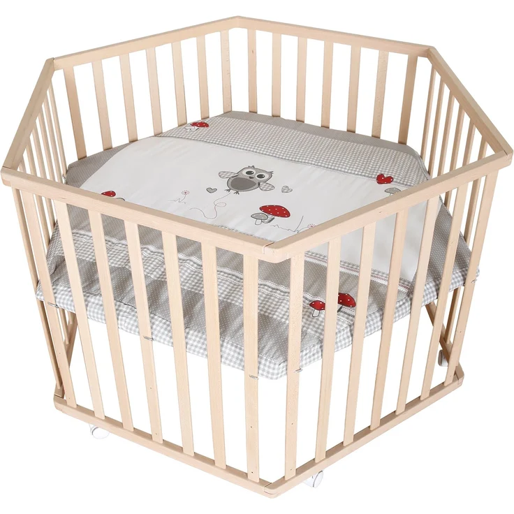 roba Laufgitter 'Adam & Eule' - Laufstall 6-eckig / hexagonal - Sicheres Spielgitter inkl. Schutzeinlage - Mobil dank Rollen - Holz natur – Bild 1