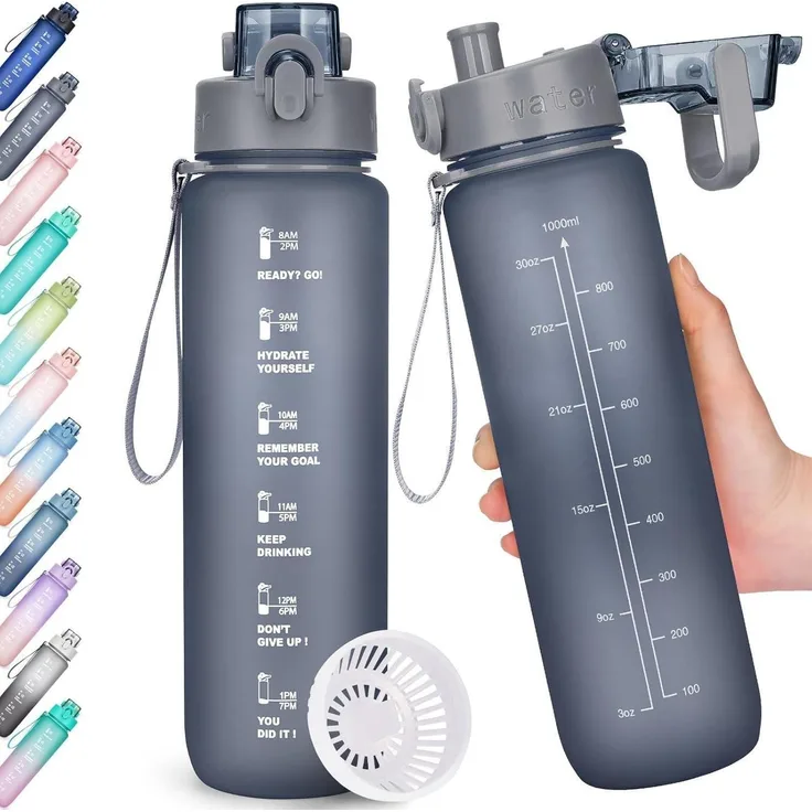 Trinkflasche 1l BPA-frei Zeitmarkierung Sport Fitness Büro Schule Yoga Grau