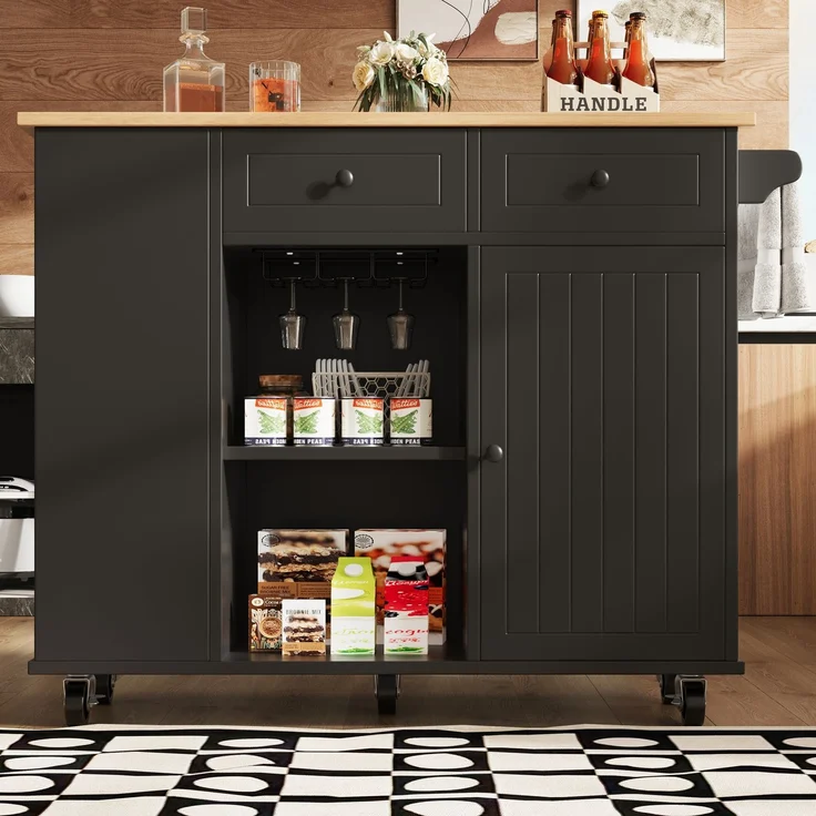 Merax Kücheninsel mit herausnehmbaren Trennwänden, Küchenschrank, Esszimmerwagen mit Arbeitsplatte, Buffetschrank, Esszimmerwagen mit Holzmaserung, ausgestattet mit Snackhalter und Weinglasregal, schwarz – Bild 2