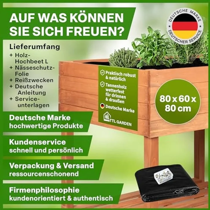 TTL GARDEN Balkon Hochbeet L 80 x 60 x 80 cm aus Holz - Pflanzkasten & Blumenkasten mit Ablageboden & Folie - Tannenholz wetterfest - Pflanzbeet Kräuterbeet Blumenbeet für Garten Balkon Terrasse - Braun – Bild 7