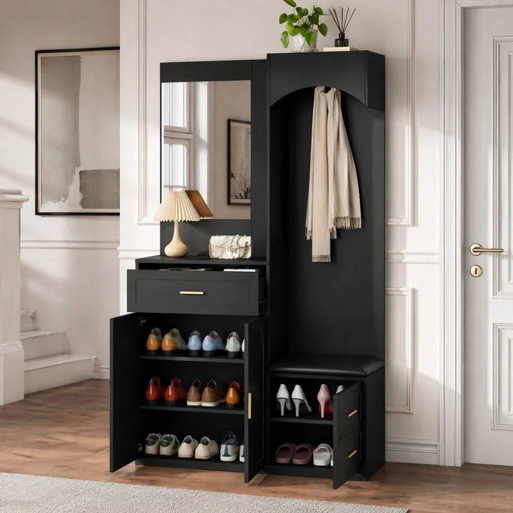 DESVIAE Garderobenschrank mit Spiegel und Schuhbank 110x185,5x33 cm MDF Schwarz – Bild 2