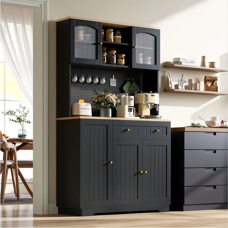 Merax Küchenbuffet Küchenschrank mit Vitrinentüren (1-St, Hochschrank Buffetschrank mit Schublade) mit verstellbaren Einlegeböden, Vorratsschrank mit Lochblech – Bild 2