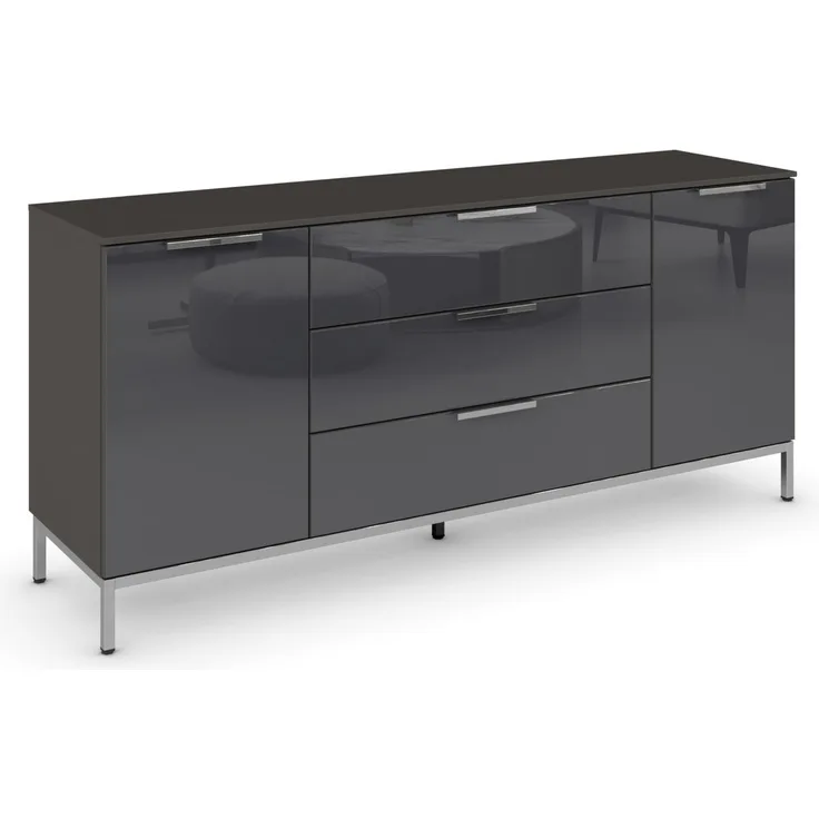 Rauch Möbel Flipp, Nachttisch für Schlafzimmer, Flur, Garderobe, 2-türig, 3 Schubladen, mit Softclose-Funktion, Griffe und Metallkufe Chrom, Farbe Glas Basalt, Schwarz, Breite 160 cm