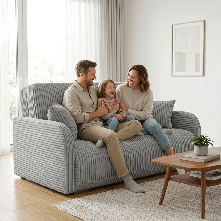 Wohnero24 Lirena 3 Schlafsofa 155x95 cm mit Bettfunktion 133x195 cm – 2-3 Sitzer Cord Sofa ausziehbar mit Bettkasten, kleines Schlafsofa für Wohnzimmer - Hellgrau – Bild 1