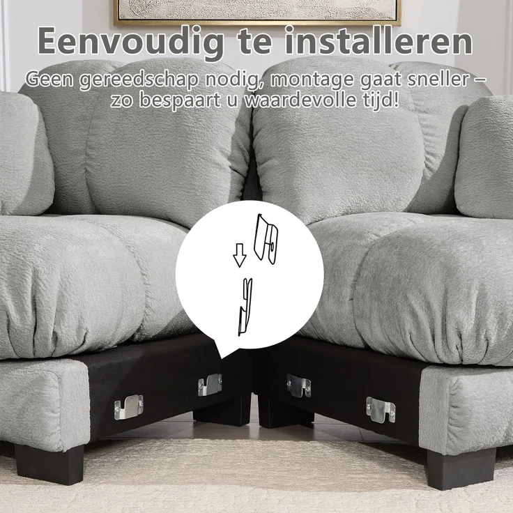 U-förmiges 2-Sitzer-Sofa mit beweglichen Hockerelementen, gesteppter Chenillebezug und dicke Polster, Wohnlandschaft für Wohnzimmer, Hellgrau – Bild 24