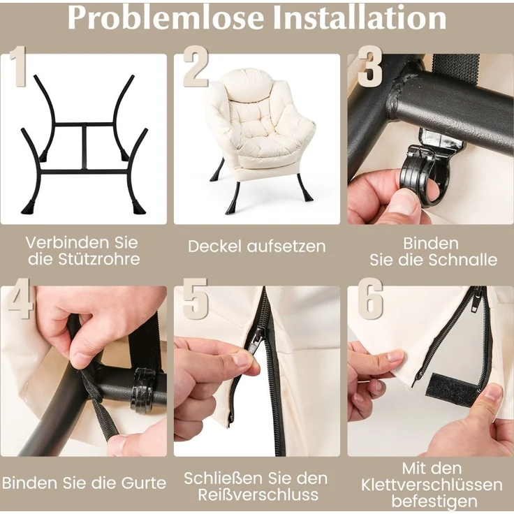 Sessel mit Hocker & Armlehnen & Seitentasche & Fußstütze Relaxsessel Ohrensessel Beige – Bild 4