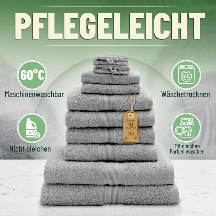 Green Mark Handtuch-Set mit 10 Teilen – 100% Baumwolle – 4 Handtücher 50×100 cm, 2 große Duschtücher 70×140 cm, 2 Gästetücher 30×50 cm und 2 Waschhandschuhe – Silbergrau – Bild 8