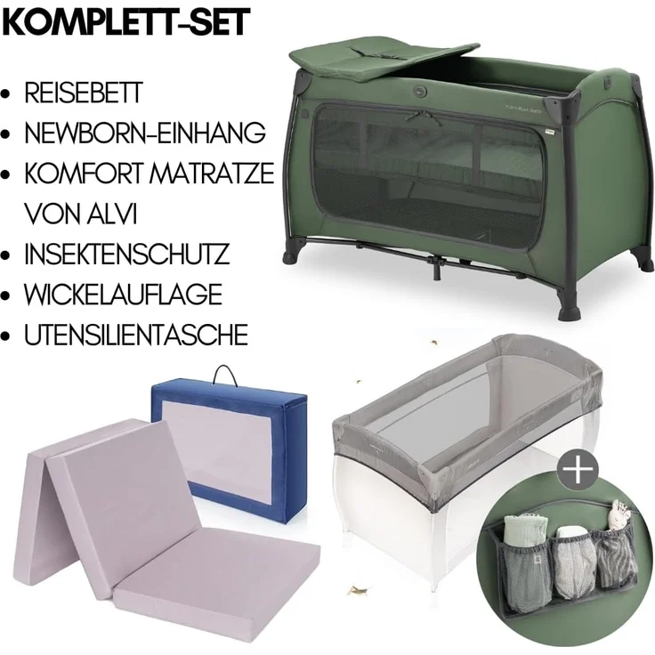 hauck Baby Reisebett Play N Relax Center Set mit Komfort Matratze und Insektenschutz - Babyreisebett mit Neugeborenen Einsatz, Wickelauflage und Tasche (höhenverstellbar & faltbar) - Dark Green – Bild 2