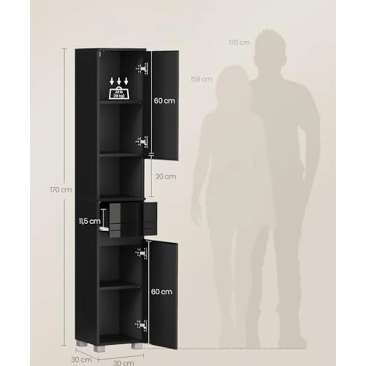 VASAGLE Badezimmerschrank, Badschrank, Badezimmermöbel mit Einer Schublade, verstellbare Ablagen, offenes Fach, 30 x 30 x 170 cm, tintenschwarz BBC560B01 – Bild 4