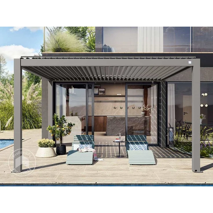 PRIMEYARD Pergola 4x4 m Aluminium Pfosten mit Lamellendach aus Aluminium graue Terrassenüberdachung – Bild 3