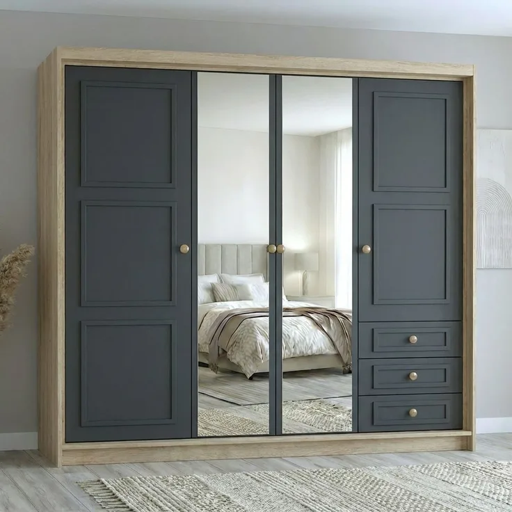 Drehtürenschrank OSLO viertüriger Kleiderschrank mit Schubladen und Metallgriffen