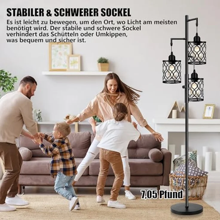 ROTTOGOON dimmbare 3-flammige Landhaus-Standleuchte 172cm - Industrielle Stehlampe mit 3x6W LED für Wohnzimmer, Schlafzimmer & Büro - Rustikale Stehleuchte, Schwarz – Bild 6