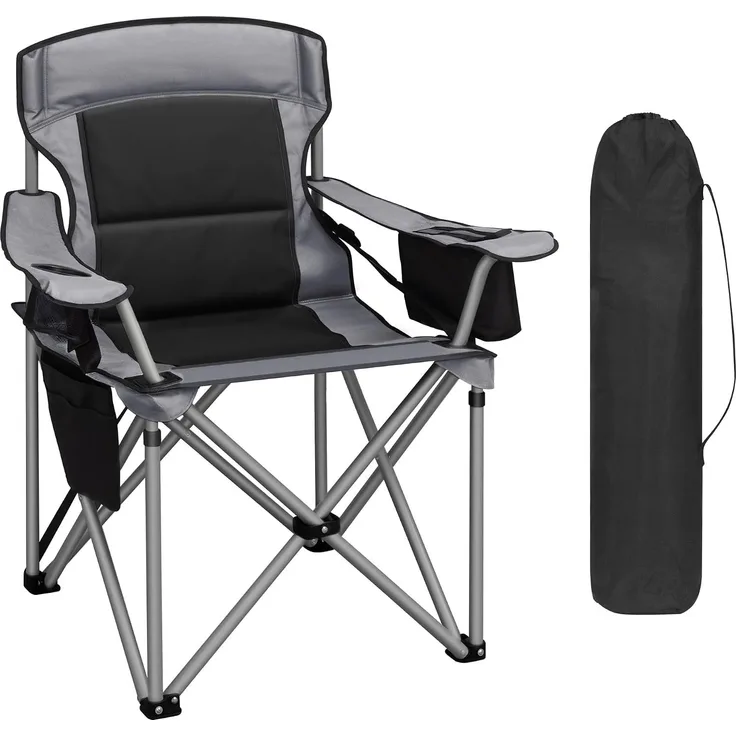 Campingstuhl, 220 KG Campingstuhl Faltbar mit Kühltasche, Getränkehalter, Tragetasch, Hochlehner Bequem Gepolste, Anglersessel Klappstuhl Garten Balkon Strand, Schwarz und Grau