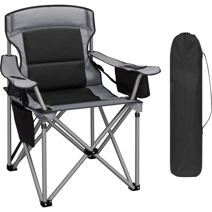 Campingstuhl, 220 KG Campingstuhl Faltbar mit Kühltasche, Getränkehalter, Tragetasch, Hochlehner Bequem Gepolste, Anglersessel Klappstuhl Garten Balkon Strand, Schwarz und Grau – Bild 1