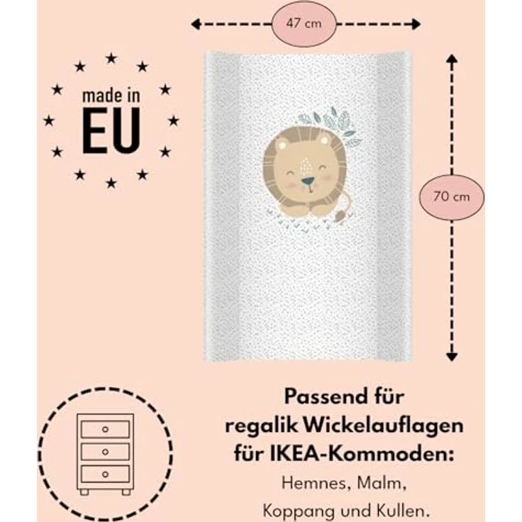 Wickelauflage 70x47 cm, Weiß mit Löwe – abwaschbar & weich, profilierte Ränder für mehr Sicherheit – Wickeltischauflage für Wickelkommode – Baby Wickelunterlage mit Komfortfüllung – Bild 5