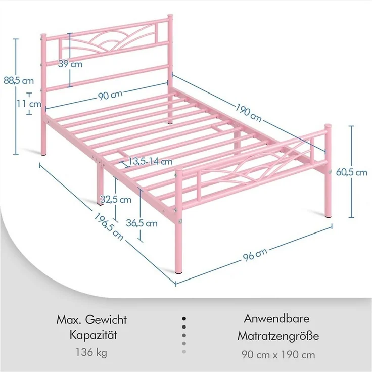 Yaheetech Metallbett mit Lattenrost, Wolkenmuster, Hellrosa, 90x190 cm – Bild 4