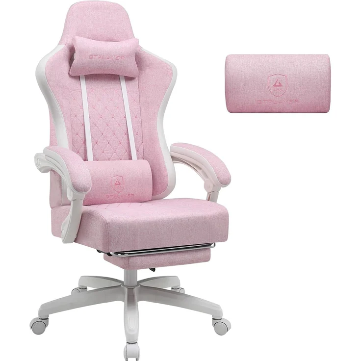 GTPLAYER Gaming Stuhl Stoff, Gaming Sessel mit Taschenfederkissen, ergonomischer Drehstuhl, Gamer Stuhl mit Fußstütze150 kg Belastbarkeit, pink-weiß – Bild 1